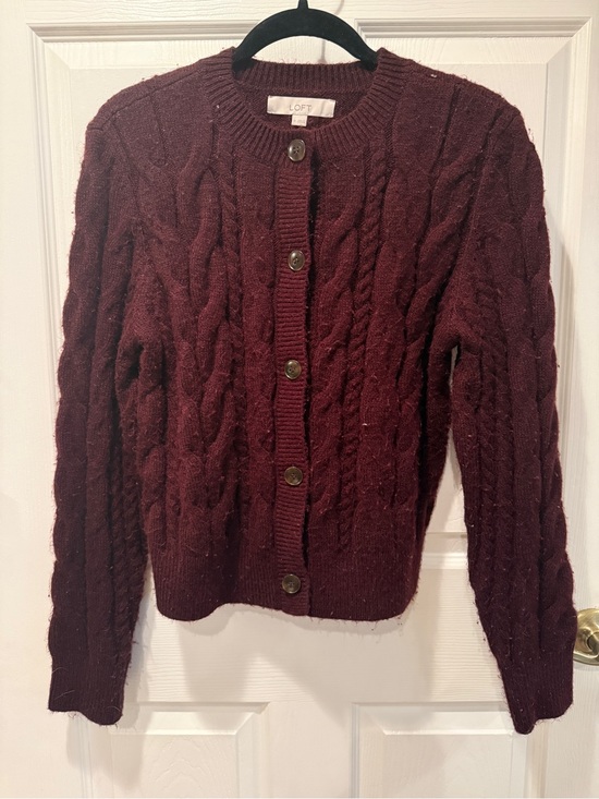 LOFT Sweaters - LOFT Cable-Knit Cardigan Sweater in Burgundy